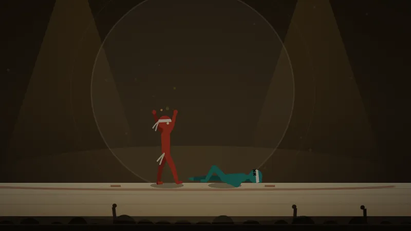 Teal lies knocked out with red standing over the body