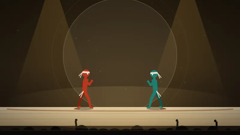 Red and teal stand apart on the stage, waiting on each other's plans
